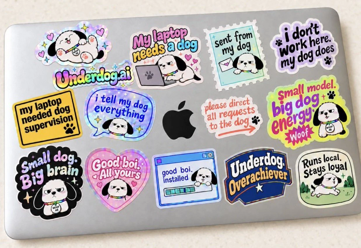 A laptop lid covered in fifteen holographic Underdog stickers